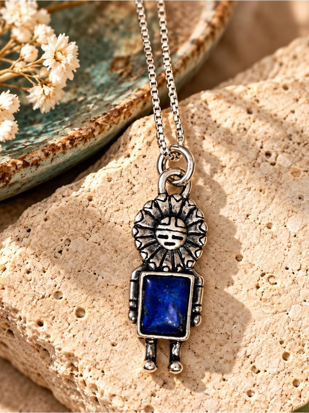 Vintage TAWA Sterling Silver Tawa Sun Kachina Lapis Lazuli Pendant Necklace